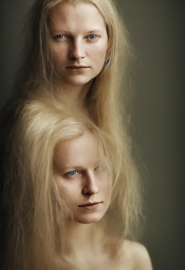 Image similar to portrait of a beautiful young scandinavian woman. studio photo by annie leibovitz.