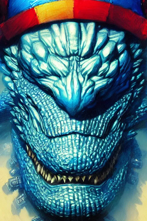 Prompt: blue godzilla, wearing a rainbow colored propeller cap hat, extreme close up detailed face portrait dnd, painting by gaston bussiere, craig mullins, greg rutkowski, yoji shinkawa