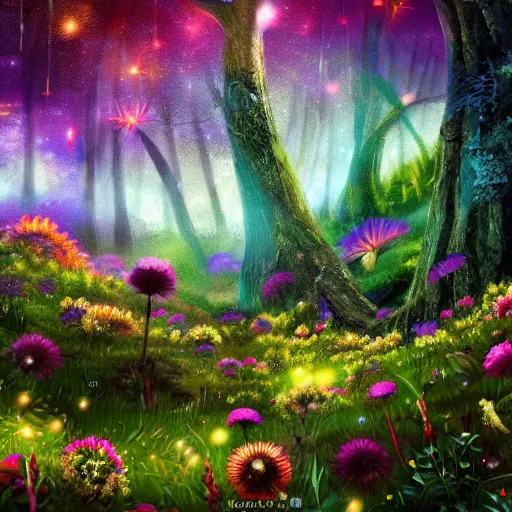 Prompt: a forest full of flowers and fireflies, 8 k, fantasy, magic, vibrant, galaxy