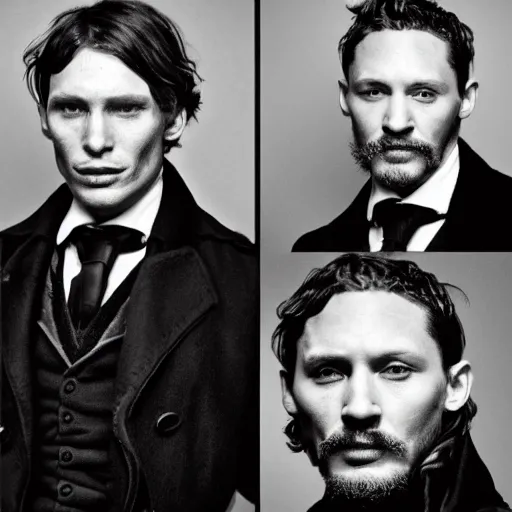 Image similar to early victorian headshot photograph of cillian murphy, tom hardy, tom hiddleston, very grainy, blurry, 1 8 4 0 s, 1 8 5 0 s, realistic face, rare