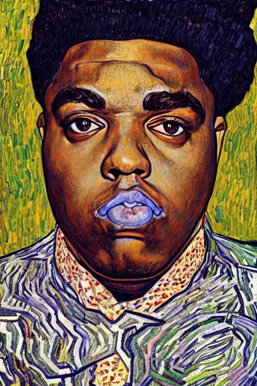 Image similar to a portrait of notorious b. i. g. in style of egon schiele, gustav klimt and vincent van gogh, masterpiece, hyperdetailed, complex, intricate, 4 k, trending on artstation