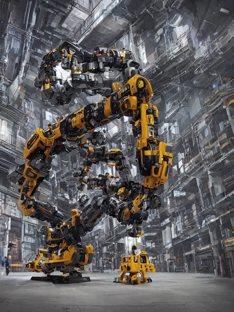 Prompt: giant builder robot in a hall of cyberpunk factory