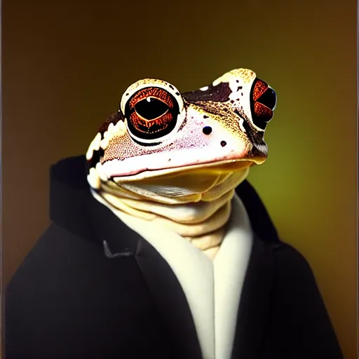 Prompt: a head and shoulders portrait painting of an anthropomorphic!!!!!!!!!! amazon milk frog!!!!!!!!!! wearing a black!!!!!!!!!! colonial outfit without a hat looking off camera, a character portrait, american romanticism, oil on canvas, soft focus