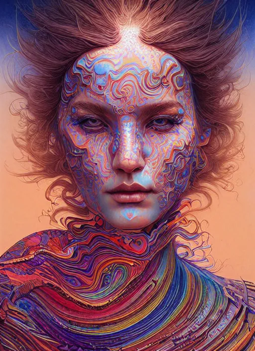 Prompt: hyper detailed masterpiece, psychedelic warpaint pattern, jean giraud, digital art painting, dream wave aesthetic, ethereal, artgerm, donato giancola, tom bagshaw