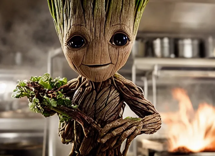 Image similar to film still of Groot working as a chef in the new Avengers movie, 4k