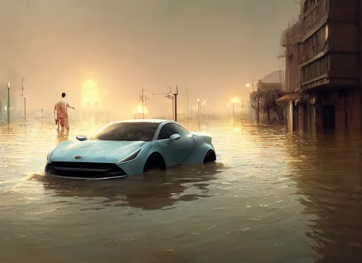 Image similar to a car driving through shallow water, flooded city, people walking through shallow water, muted colors, hyperrealistic, oil painting, intricate, cgsociety, artstation, 8 k, cinematic, soft lighting, by greg rutkowski, by wlop, by artgerm