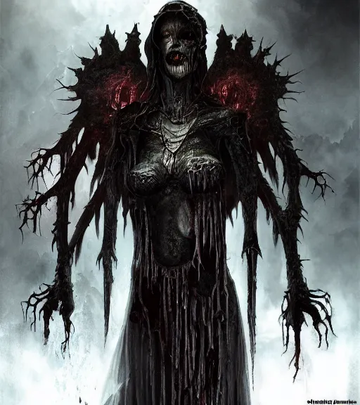 Image similar to gothic necrolord female with zombie servents, digital painting, liminal eerie midnight backlit, a picture taken by Michael Komarck and Daniel Ljunggren