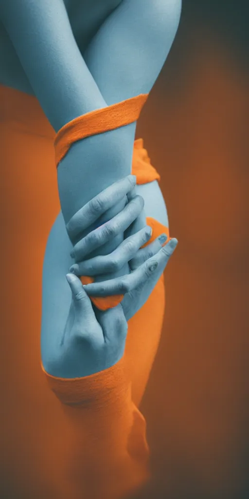 Image similar to a blurry closeup picture of woman's skin gripped tightly, female bodies, hands, macro photography, long exposure photograph, surrealism, anamorphic bokeh, orange and cyan lighting, cinematic