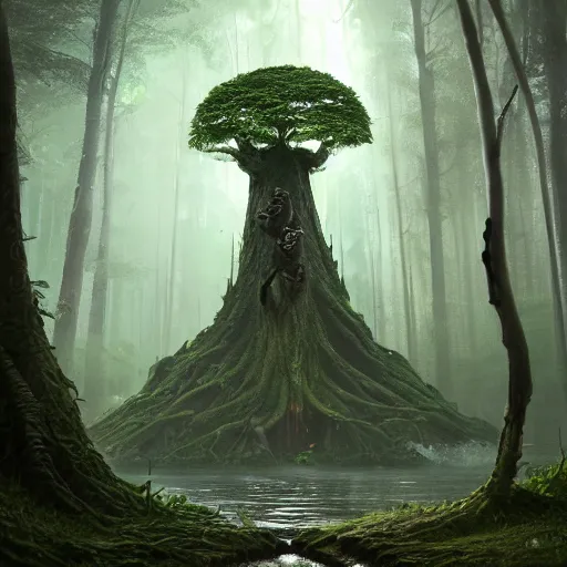 Prompt: living tree, tree has legs and eyes, in the shape of a frog, swamp, greg rutkowski, trending on art station, magic the gathering, 4 k, matte painting