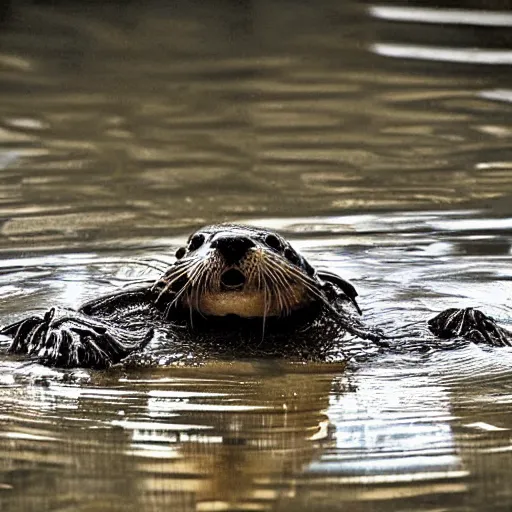 Image similar to steampunk mechanical otter in a river, sci - fi, wildlife photograph, national geographic, award - winning