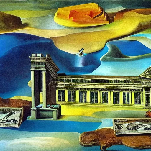 Image similar to solarpunk dreaming new York stock exchange in a toscana landscape with modern houses, painted by Salvador Dali, highly detailed