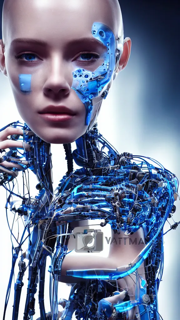 Image similar to photographic shot of a beautiful young android woman looking into the distance, human face and biomechanical muscles and tendons and bones, cables, tubes, incredibly detailed internal mechanism with lots of bright blue microcircuits, natural light falling on her face, focus on her face, cyberpunk, westworld style, medium shot, by annie leibowitz, automated cyberpunk android building lab