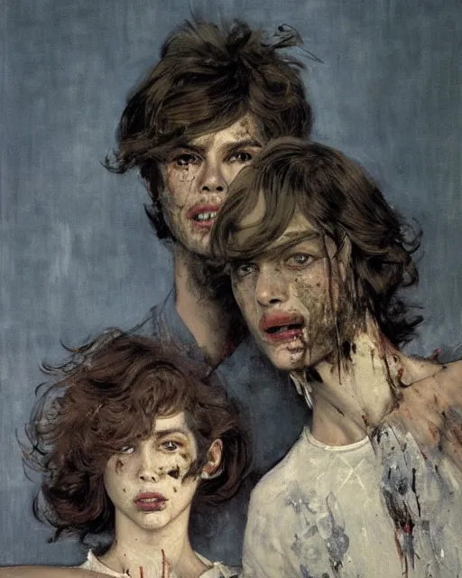 Prompt: two handsome but creepy siblings in layers of fear, with haunted eyes and wild hair, 1 9 7 0 s, seventies, wallpaper, a little blood, moonlight showing injuries, delicate embellishments, painterly, offset printing technique, by coby whitmore, jules bastien - lepage