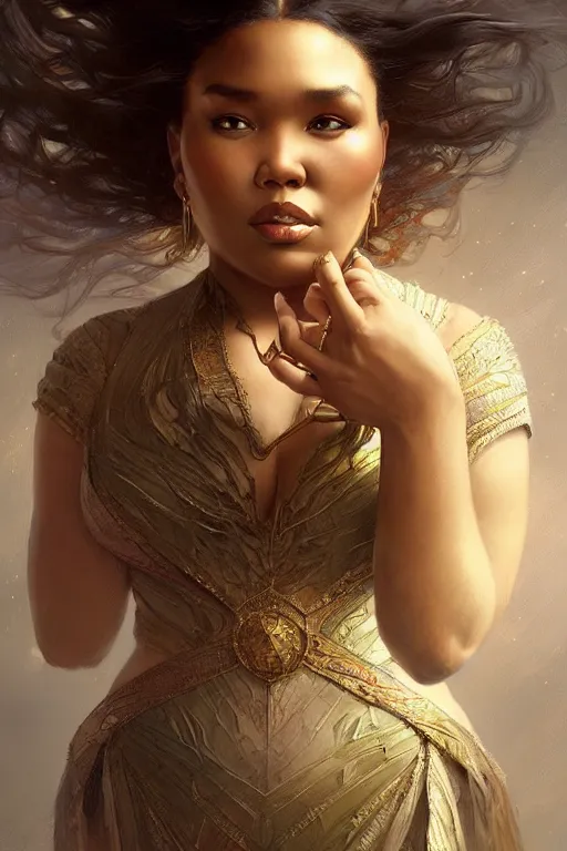 Prompt: Lizzo, matte painting, intricate, fantasy concept art, elegant, by Stanley Artgerm Lau, WLOP, golden ratio, thomas kindkade, alphonse mucha, loish, norman Rockwell,