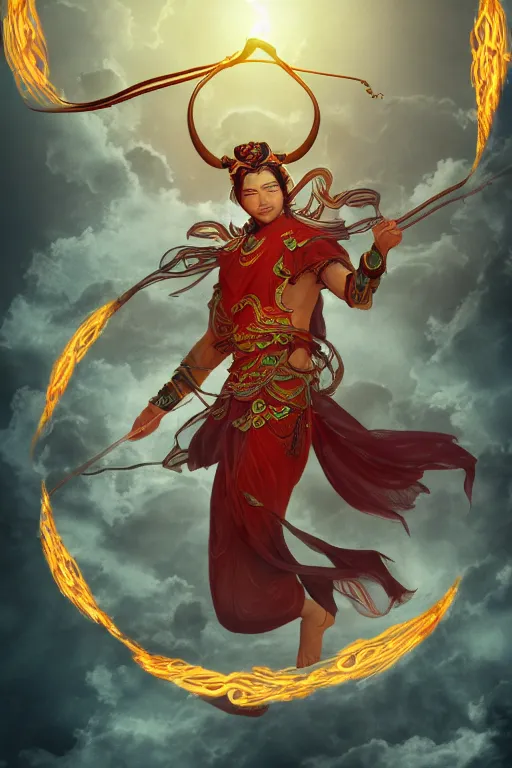 Image similar to nezha flies around swiftly on his wind flame circles, chinese mythology, top view, cinematic, fantasy character portrait, highly detailed, by new gods : nezha reborn, nezha : birth of the demon child,