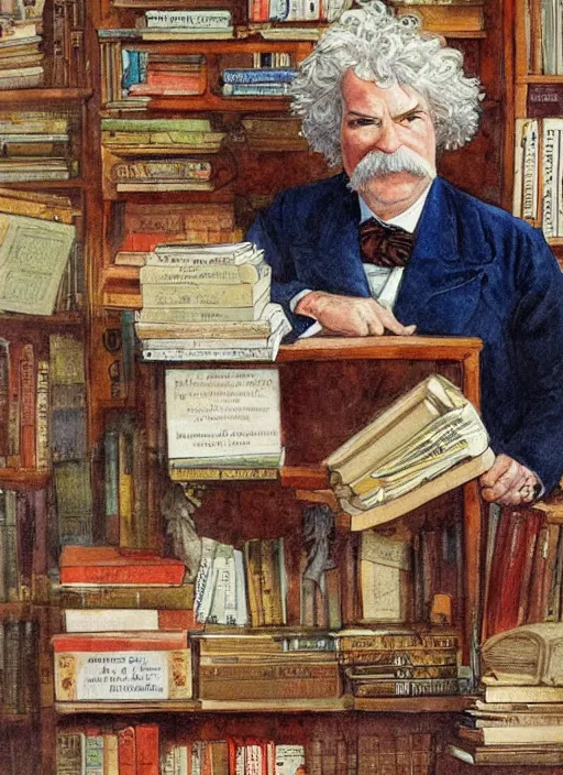 Prompt: realistic portrait of mark twain surrounded by a frame of books, art by harvey dunn and howard pyle and walter crane, illustration, watercolor art,