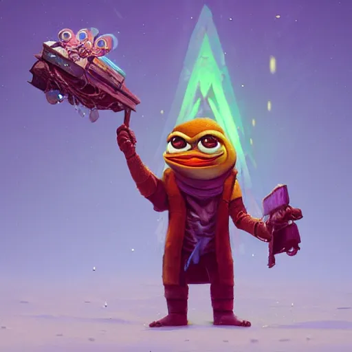 Prompt: pepe with a treasury chest full of crystals, wadim kashin, simon stalenhag, featured in artstation, octane render, cinematic, elegant, intricate