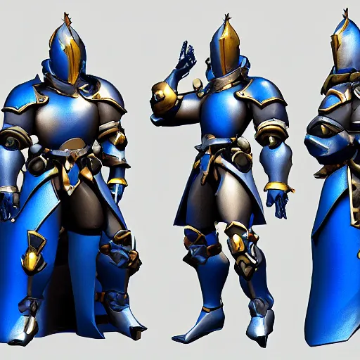 Image similar to overwatch character, medieval knight in blue gold armor