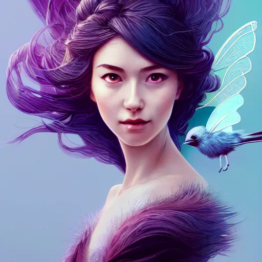 Image similar to 3 / 4 view of a portrait of woman with flowy hair, bird wings, confident pose, pixie, genshin impact,, intricate, elegant, sharp focus, illustration, highly detailed, concept art, matte, trending on artstation, bright colors, art by wlop and artgerm and greg rutkowski, marvel comics h 6 4 0