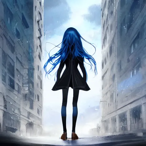 Image similar to low - angle shot from behind of a long blue - haired girl in a tailcoat overlooking demacia, combat boots, noir, screenshot, sharp focus, intricate, illustration, cell shaded, digital painting, highly detailed, straight hair, art by ilya kuvshinov, wlop, greg rutkowski, studio quality, james jean