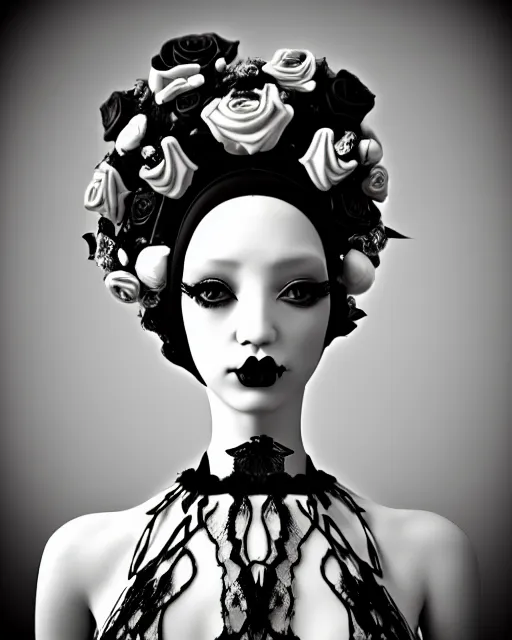 Image similar to dreamy surreal poetic black and white 3D render of a beautiful young porcelain female-creature-cyborg-vegetal with a very long neck and a super big gothic lace collar filled with dead flies and a very high big floral crown with many black dry roses:: smoke, high fashion, haute couture, rococo, avant-garde, elegant, dreamy, hyper realistic, 150 mm lens, avatar Second Life, Anouk A., soft rim light, octane render, unreal engine, volumetric lighting, dramatic light,8k,