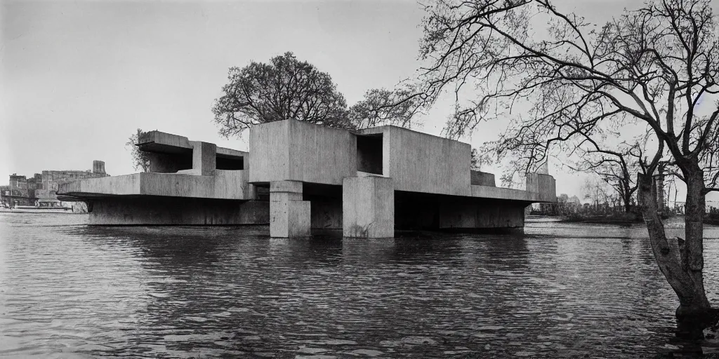 Image similar to a floating upside down brutalism architecture, ilford hp 3, photo from 1 9 5 0, emerged by a river