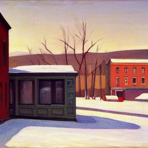 Prompt: an edward hopper style painting of a ( ( ( ( ( ( ( ( small town csorna ) ) ) ) ) ) ) ) in hungary, late - winter, february of 1 9 5 5