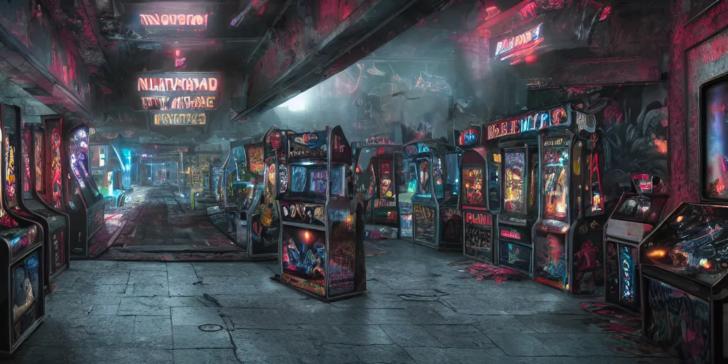 Prompt: Nightmare arcade, ultra wide cinematic angle, hyperrealism, photo realistic, photorealism, ethereal atmosphere, octane render, highly detailed, hyper realistic, cinematic, 8k,