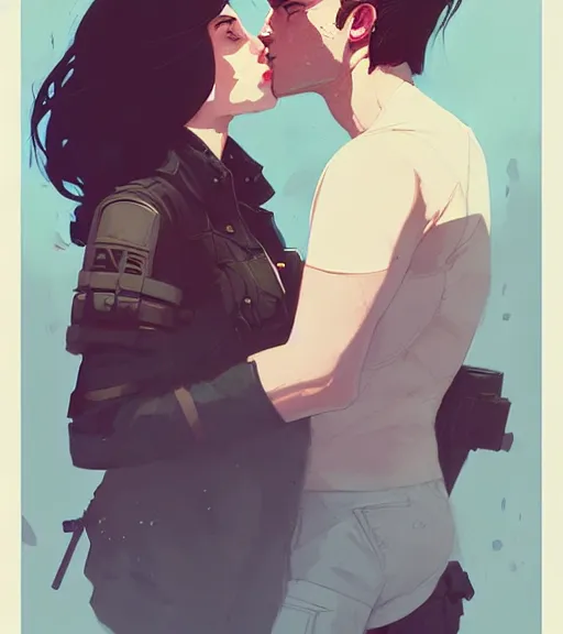 Image similar to portrait of bucky kissing natasha by atey ghailan, by greg rutkowski, by greg tocchini, by james gilleard, by joe fenton, by kaethe butcher, dynamic lighting, gradient light blue, brown, blonde cream and white color scheme, grunge aesthetic