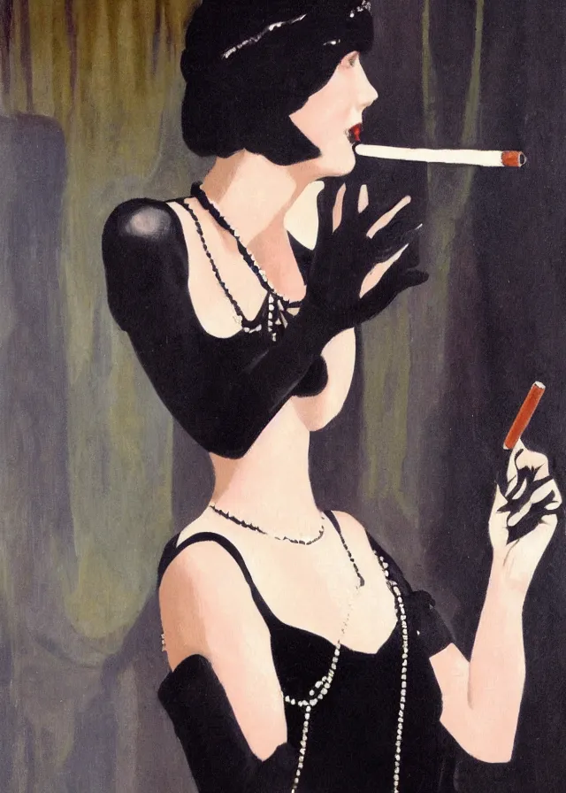 Image similar to realistic painting of a 1 9 2 0 s short - haired flapper woman in black satin gloves holding a long cigarette holder, at a jazz party in a dimly lit speakeasy, circa 1 9 2 4, colored realistic oil painting