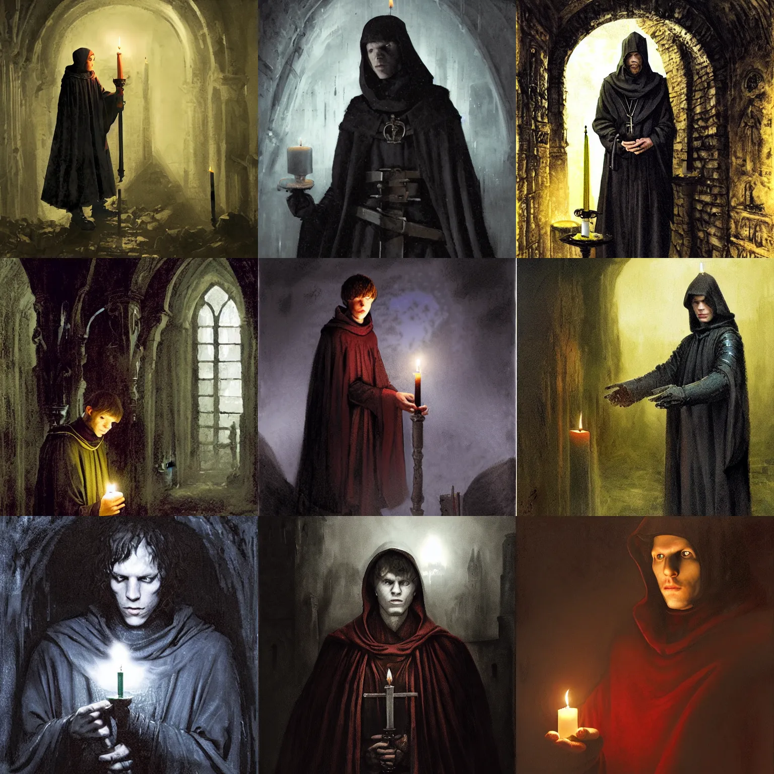 Prompt: jesse eisenberg as an enigmatic medieval christian ( ( monk ) ) in a dark underground city. dark shadows, colorful, candle light, law contrasts, ( ( overcast light ) ) ) fantasy portrait by jakub rozalski, jan matejko, and j. dickenson