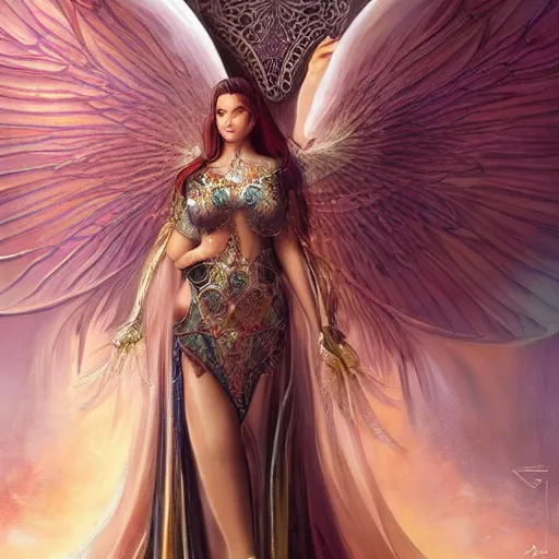 Image similar to a beautiful symmetrical plus size woman full body wearing algerian kaftan with translucent wings by alex gray and android jones , Karol Bak, Ayami Kojima, Amano , concept art, character design, fantasy,3D, 8k resolution