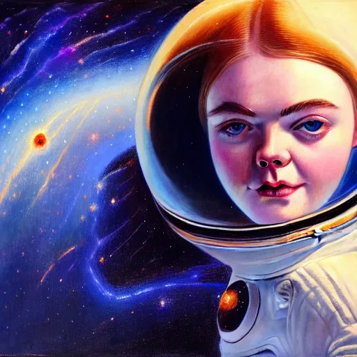 Image similar to portrait of a elle fanning wearing a spacesuit in the dark depths of space, detailed realism face in painting, detailed beautiful portrait, oil painting masterpiece, 8 k resolution, smooth, sharp focus, trending on artstation, by bruce pennington