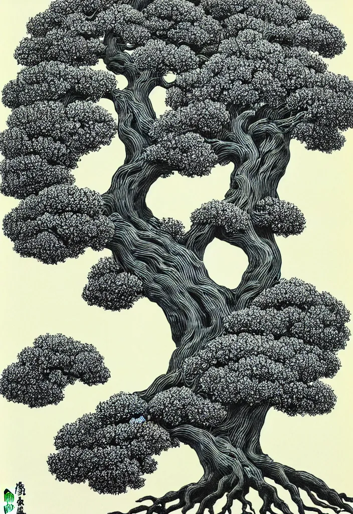 Image similar to prompt: white Bonsai tree roots merging into big moon drawn by Rene Magritte, Japanese woodblock print style, clean ink detailed line drawing, intricate detail, manga 1990