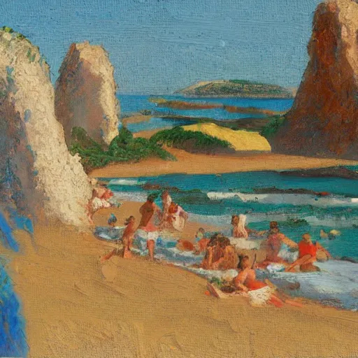 Prompt: oil paint impasto reliefs, italian beach scene, an artwork by charles w. bartlett and jackson pollack and colin campbell cooper