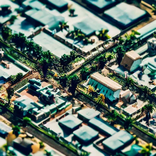 Prompt: macro photo of a miniature secret hidden world with tiny buildings and people inside of a coconut