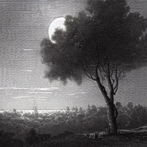 Image similar to a distant city, trees, night, full moon, clouds, chiaoscuro, illustration by Gustave Doré