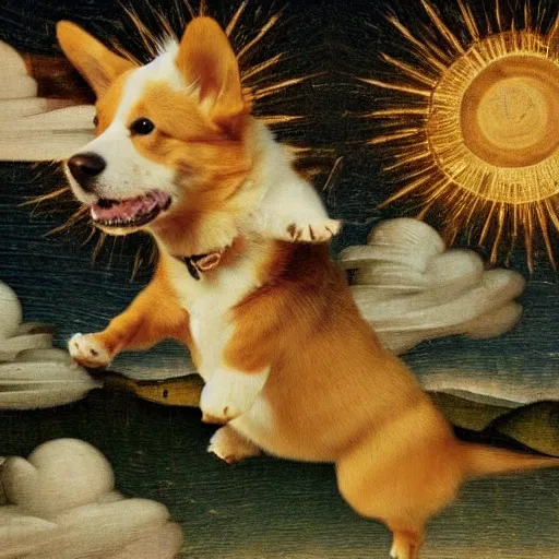 Image similar to happy corgi dog flying through cosmos, renaissance art style