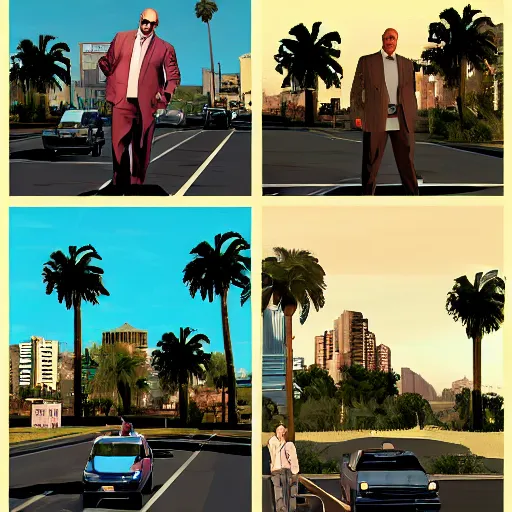 Prompt: Michael Ehrmantraut from Better call Saul in GTA V . Los Santos in the background, palm trees. In the art style of Stephen Bliss.