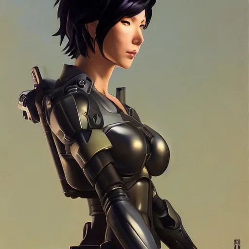 Image similar to greg manchess portrait painting of invisible armored motoko kusanagi as overwatch character, medium shot, asymmetrical, profile picture, organic painting, sunny day, matte painting, bold shapes, hard edges, street art, trending on artstation, by huang guangjian, gil elvgren, ruan jia, greg rutkowski, gaston bussiere