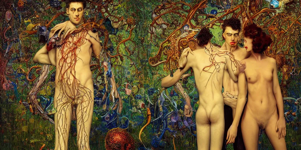 Image similar to two lovers wearing a suit made of nervous system, channeling third eye energy, surrounded by a background of cyber mystic garden of earthly delights, midnight hour, painted part by wojciech siudmak, part by ilya repin, part by norman rockwell, part by zhang jingna, artstation