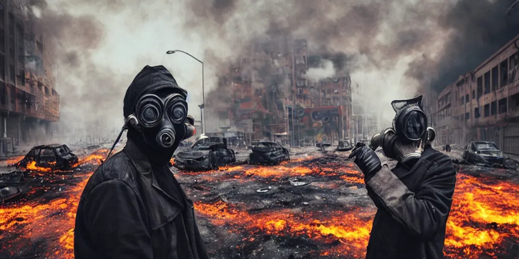 Image similar to post - apocalyptic city streets, close - up shot of an anarchist with a gasmask, burned cars, explosions, colorful smoke, hyperrealistic, gritty, damaged, dark, urban photography, photorealistic, high details