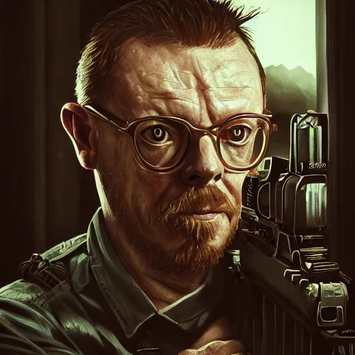 Image similar to simon pegg portrait, horror core, apocalyptic, winchester rifle, sharp focus, fiction, hyper detailed, digital art, trending in artstation, cinematic lighting, studio quality, smooth render, unreal engine 5 rendered, octane rendered, art style and nixeu and wlop and krenz cushart