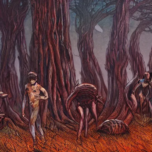 Image similar to sci - fi, hunters of monsters walking in a meat and bone forest, art by oscar chiconi