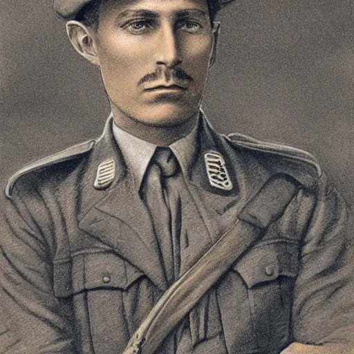 Image similar to a detailed photorealistic sepia - toned color line drawing of a 1 9 1 7 worried clean - shaven british lieutenant in detailed field gear not wearing a hat in wadi rum, ultra realistic, painted, intricate details, lovecraft, atmospheric, dark, horror, brooding, highly detailed, by clyde caldwell