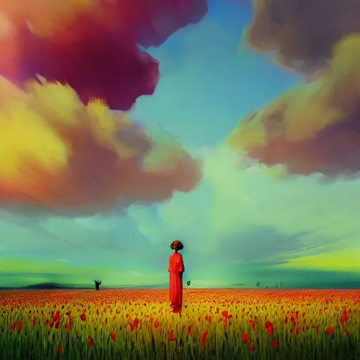 Image similar to woman with big flower face, standing in flower field, surreal photography, sunrise dramatic light, impressionistic painting, colorful clouds, artstation, dali, simon stalenhag