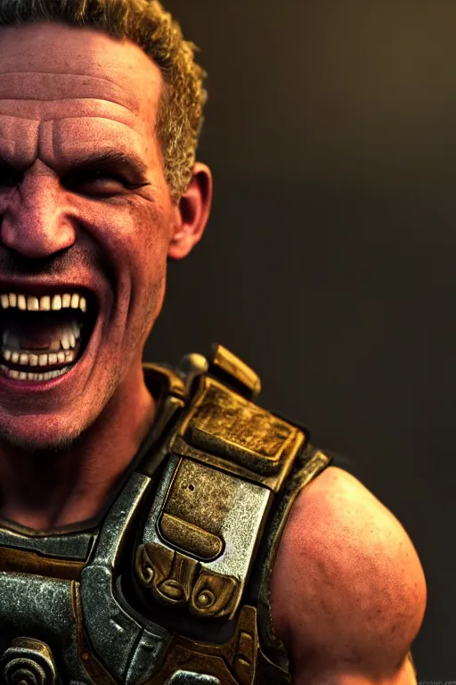 Image similar to Jordan B. Peterson as a muscular Gears of War character laughing, photorealism, half body, HDR ambient background, unreal engine 5, hyperrealistic, highly detailed, XF IQ4, 150MP, 50mm, F1.4, ISO 200, 1/160s, cinematic lights, Adobe Lightroom, photolab, Affinity Photo, PhotoDirector 365, realistic