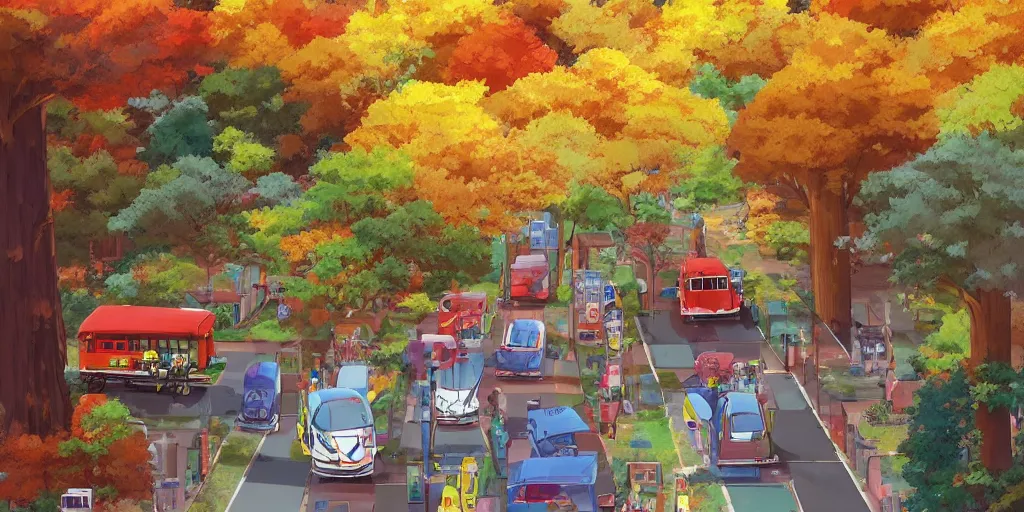 Image similar to chibi school bus traffic in a japanese suburb with high redwood trees. autumn afternoon puddles after the rain. neo - georgian city blocks and stone brick retaining walls near the sidewalk. anime studio ghibli movie trending on artstation.