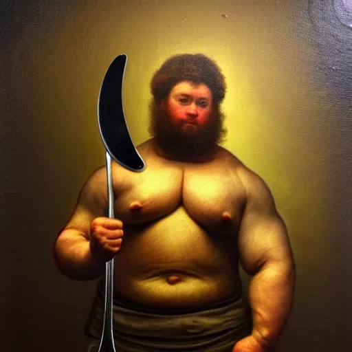 Prompt: subject: forkman with fork head is oversized is muscular is powerlifter is flexing muscles in medium shot backlight portrait, style: very heavy textured rembrandt oil painting with dramatic light