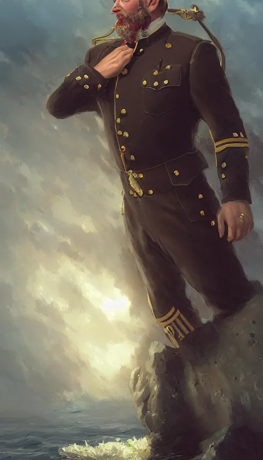 Prompt: proud commodore marine captain, stern look, late xix century commander vest, full body portrait xix immpresionist paint, wild ocean background, highly detailed, digital painting, artstation, concept art, sharp focus, illustration, art by Artgerm, Greg Rutkowski, Craig Mullins, WLOP, Ross tran, James Jean, Andrei Riabovitchev, magic the gathering, - W 640